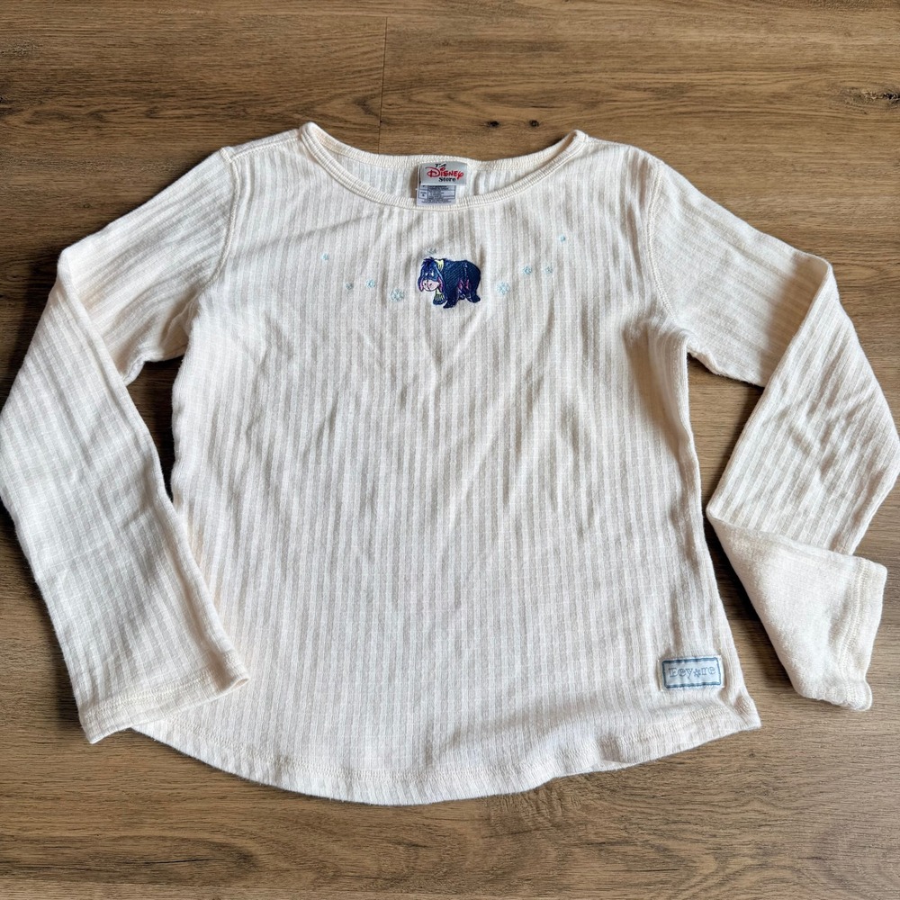 VTG Disney Eeyore Long Sleeve Ribbed Top Cream Small Embroidered Winnie the Pooh